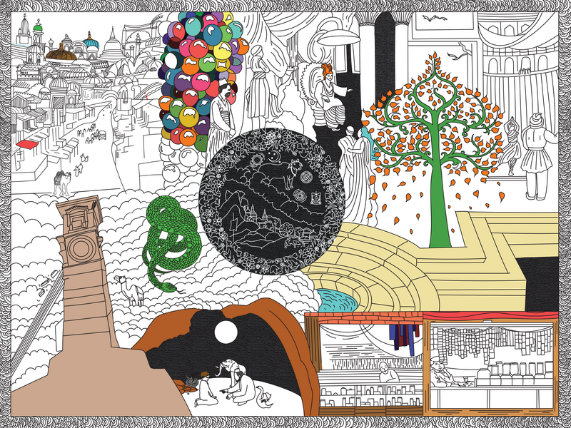 A line drawing illustration of scenes from the short story Balloon Man, by artist  Kehkashan Khalid